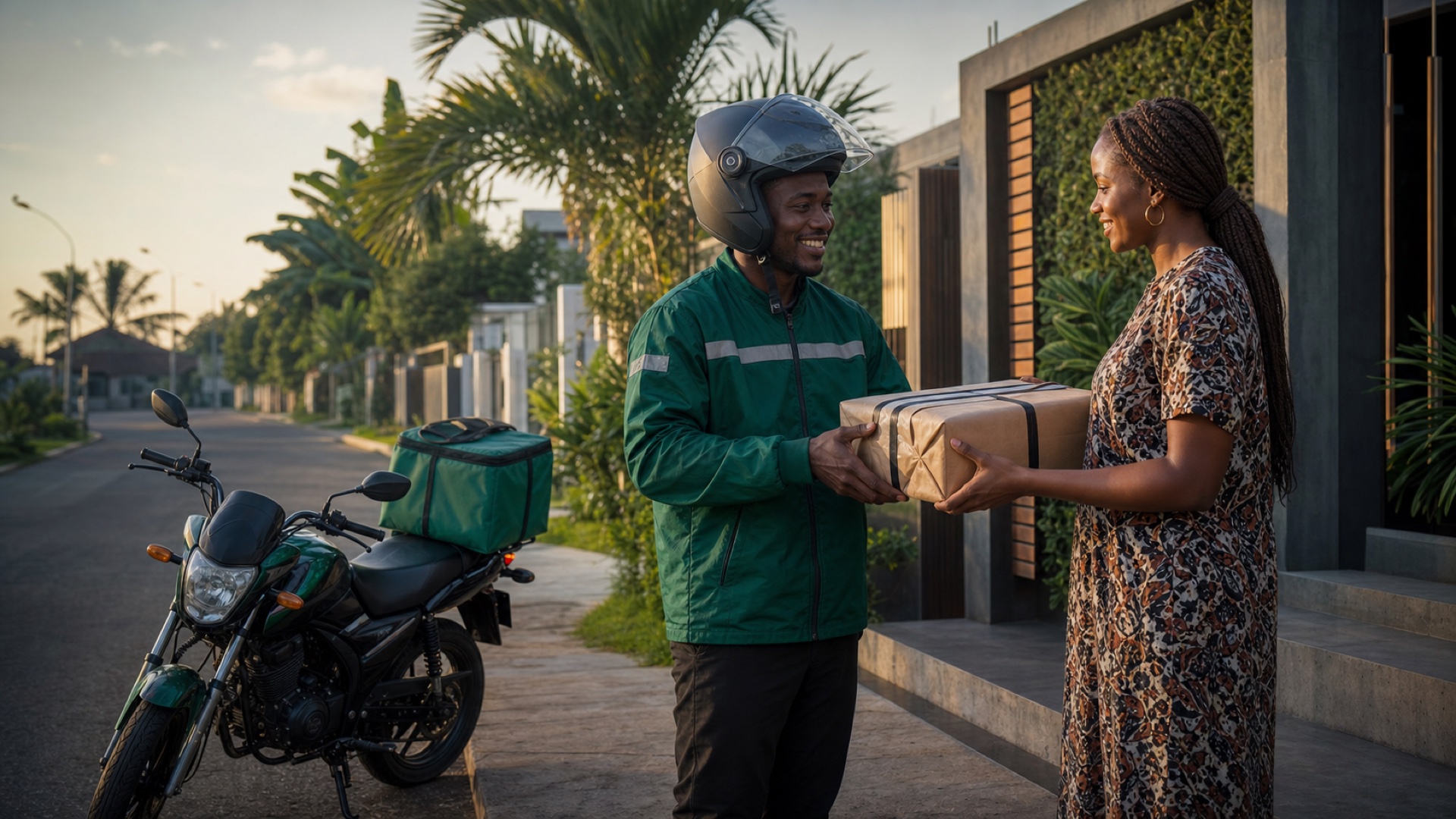 Livreur NokiRide remettant un colis à une cliente à Brazzaville